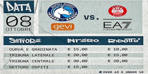 GEVI NAPOLI BASKET: IN VENDITA I BIGLIETTI PER LA GARA CONTRO LA EA7 EMPORIO ARMANI MILANO